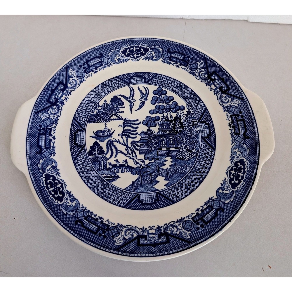 VTG Royal China Blue Willow Ware Cake Plate Platter With Handles Chinoiserie 10"